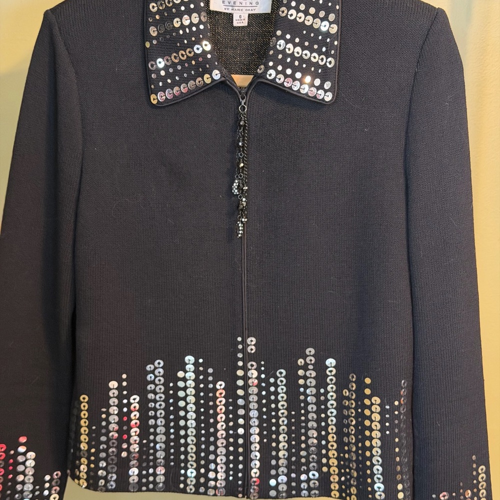 St. John Black Sequin-Trim Zip Jacket